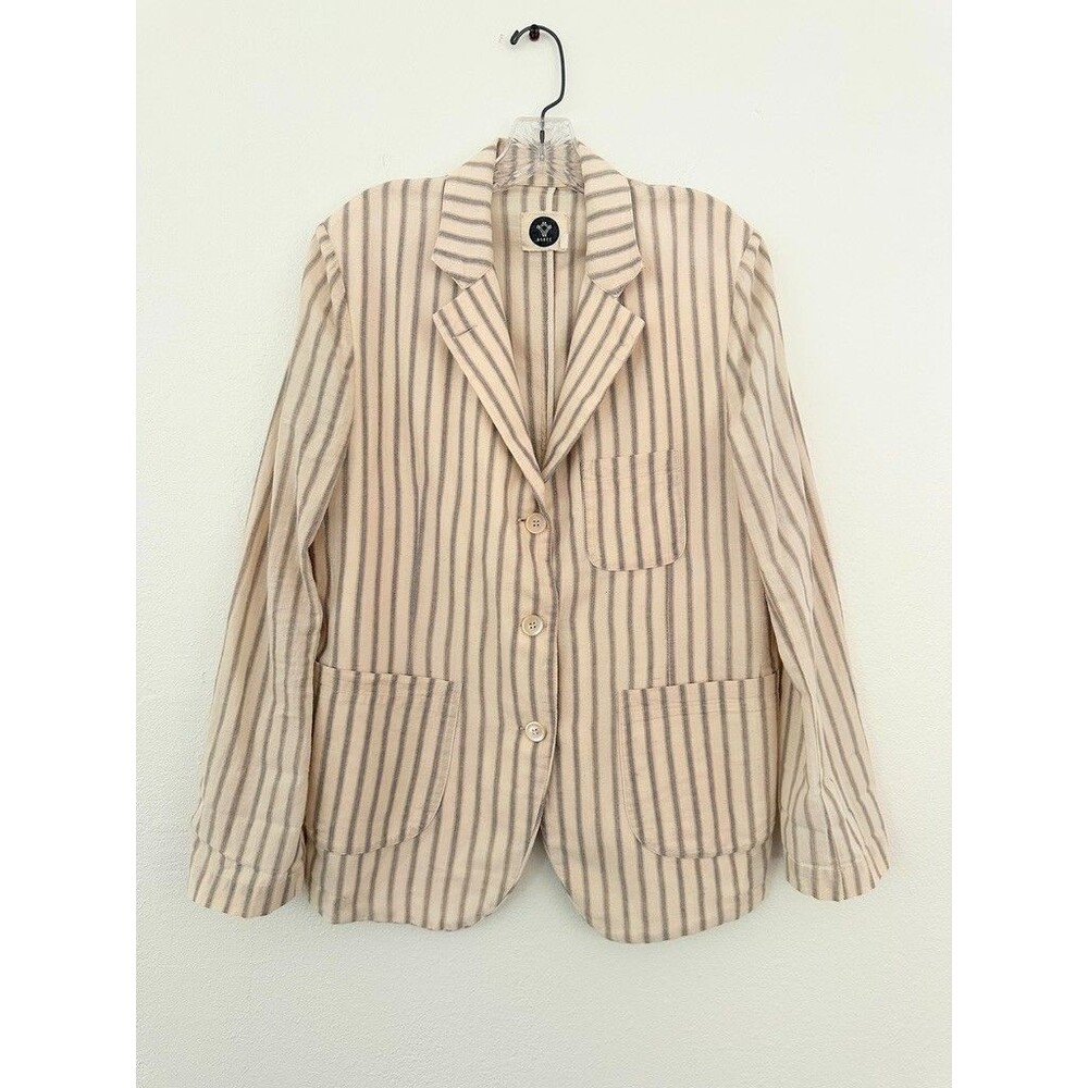 Bsbee Striped 100% Cotton Blazer Tan Cream Bohemian Pockets Women's Size Large